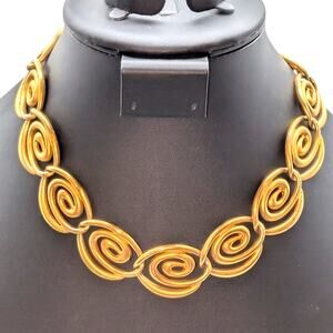 Vintage Anne Klein Modernist Signed Gold Tone Satin Finish Swirl Link Necklace